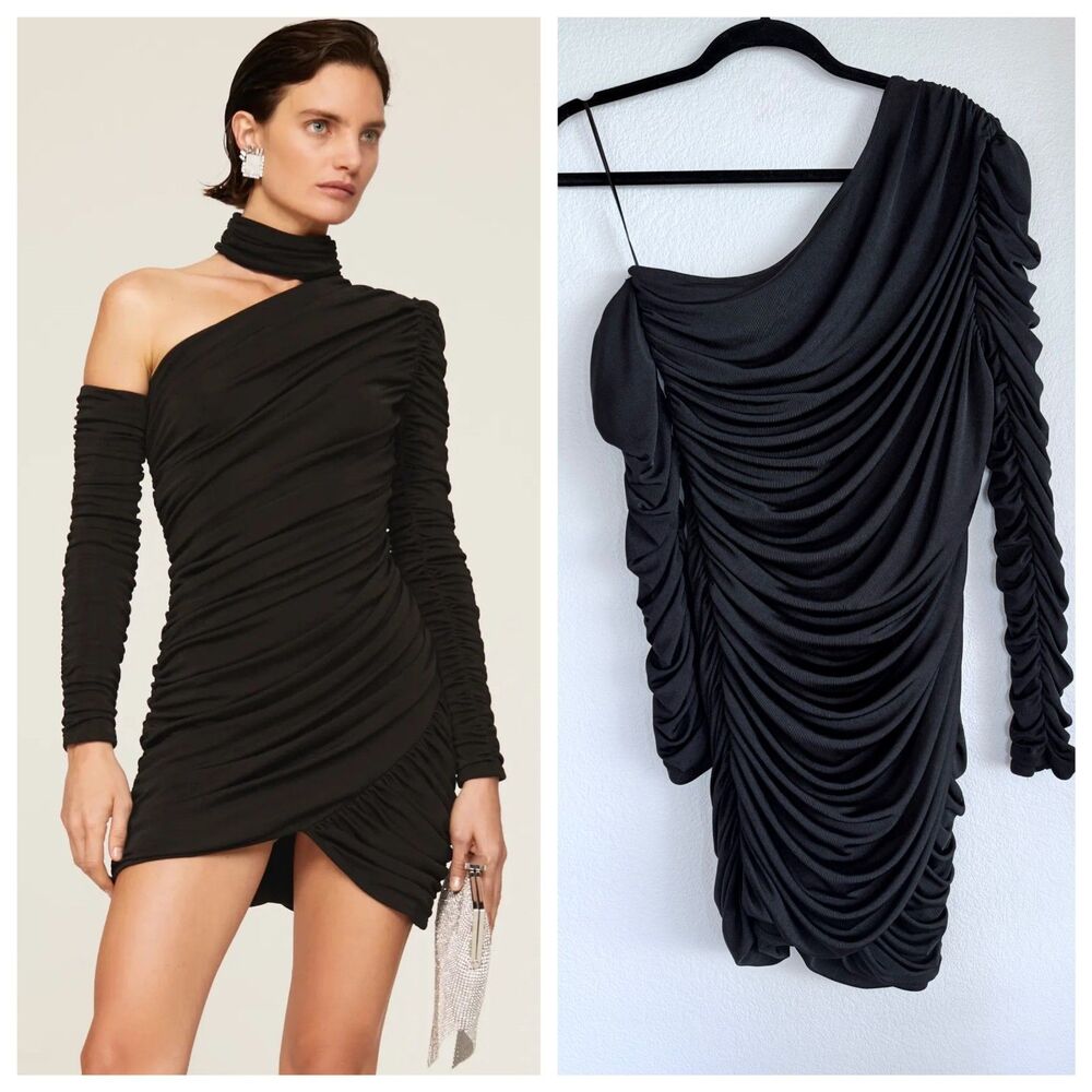 Aliette Black Ruched One Shoulder Asymmetrical Bodycon Sheath Dress -Altered- 6